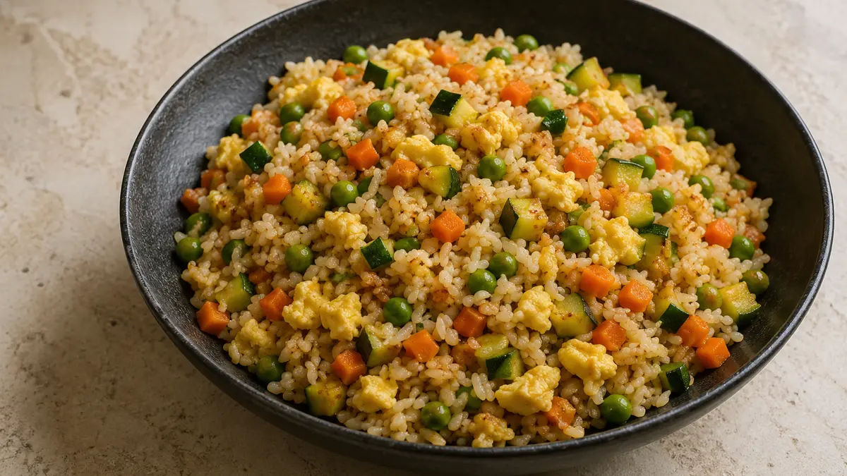 Fotografía ilustrativa de la receta Arroz salteado con calabacín, zanahoria y huevo