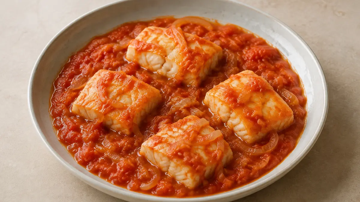 Fotografía ilustrativa de Bacalao con tomate y pimientos