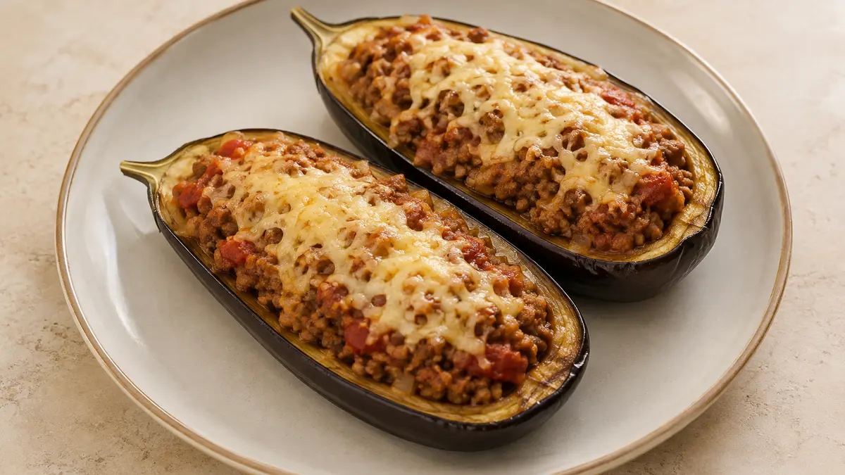 Fotografía ilustrativa de Berenjenas rellenas de carne y verduras