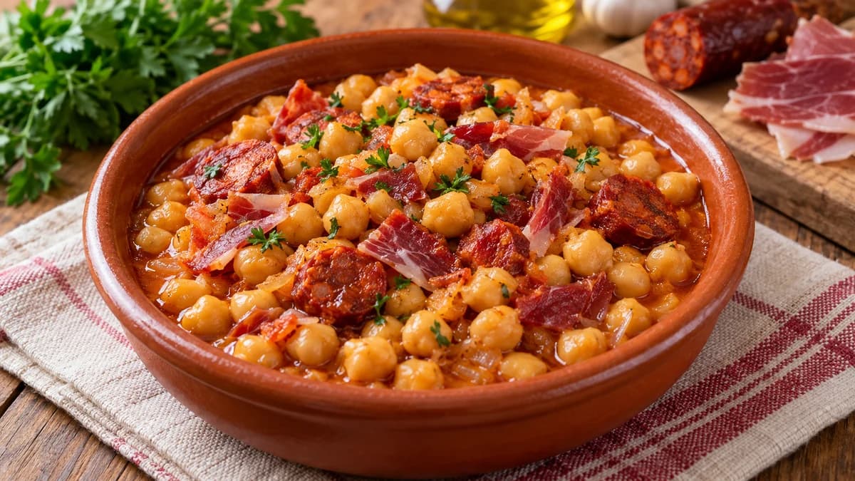 Fotografía ilustrativa de Garbanzos con chorizo y jamón serrano