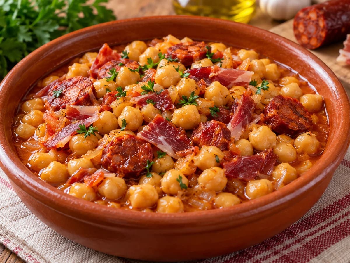 Imagen ilustrativa de la receta Garbanzos con chorizo y jamón serrano