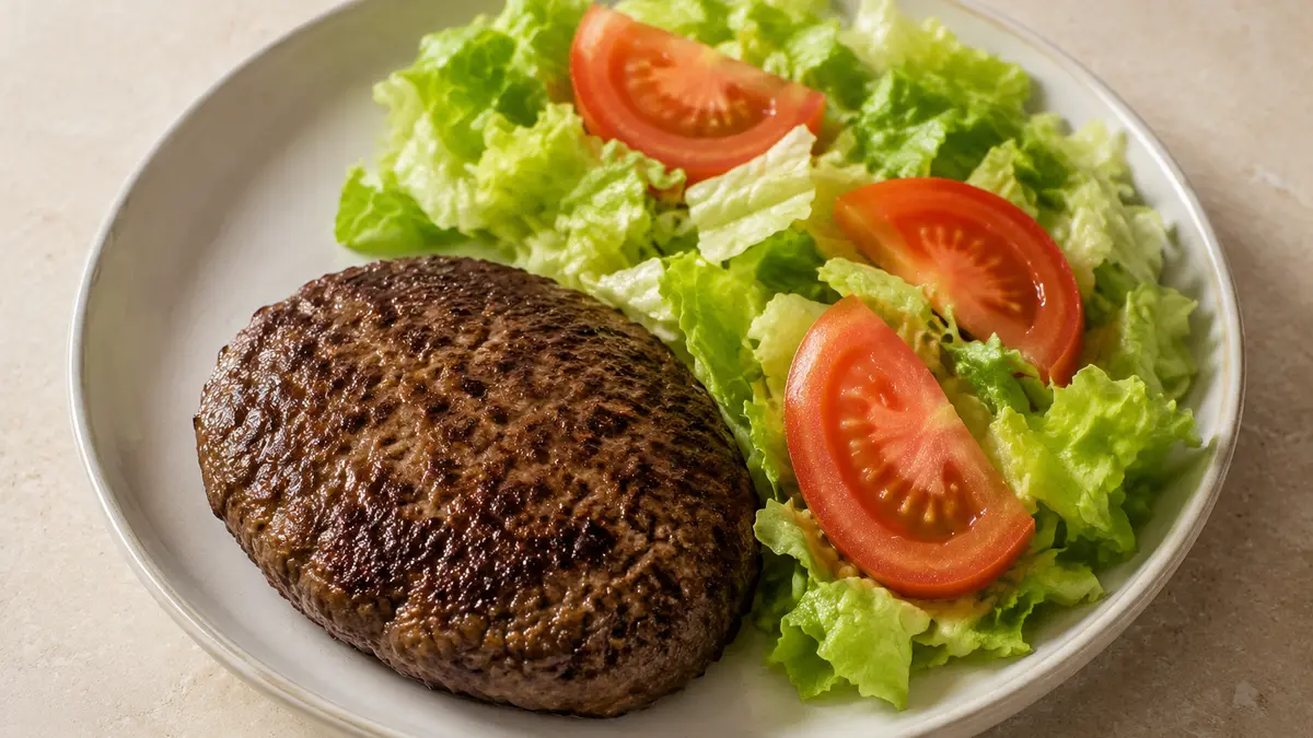 Fotografía ilustrativa de Hamburguesa de ternera con patatas y ensalada