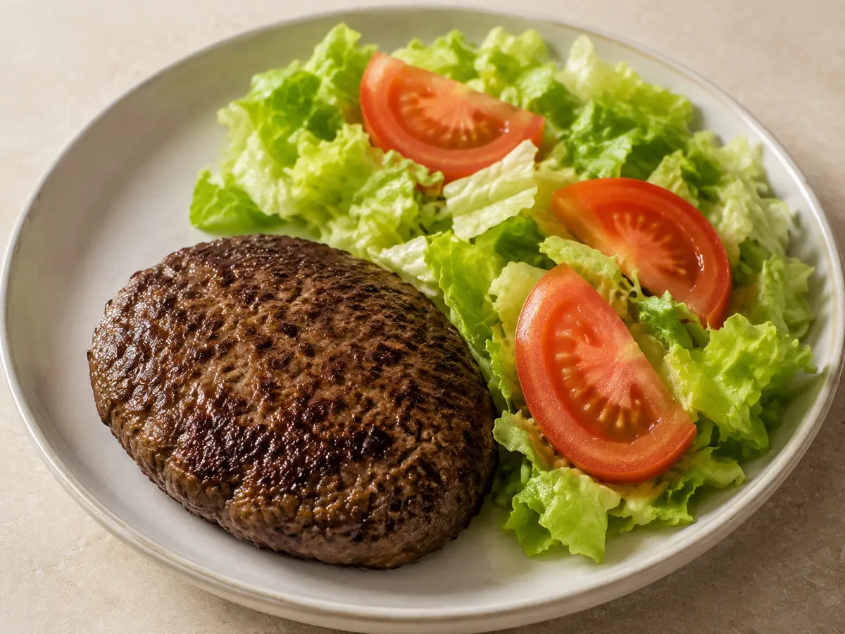 Imagen ilustrativa de la receta Hamburguesa de ternera con patatas y ensalada