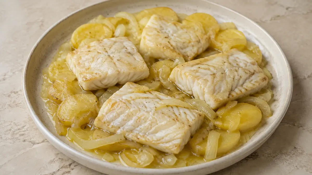 Fotografía ilustrativa de Merluza al horno con patatas y cebolla