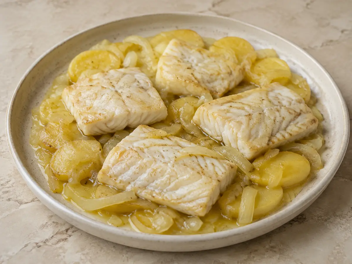 Imagen ilustrativa de la receta Merluza al horno con patatas y cebolla