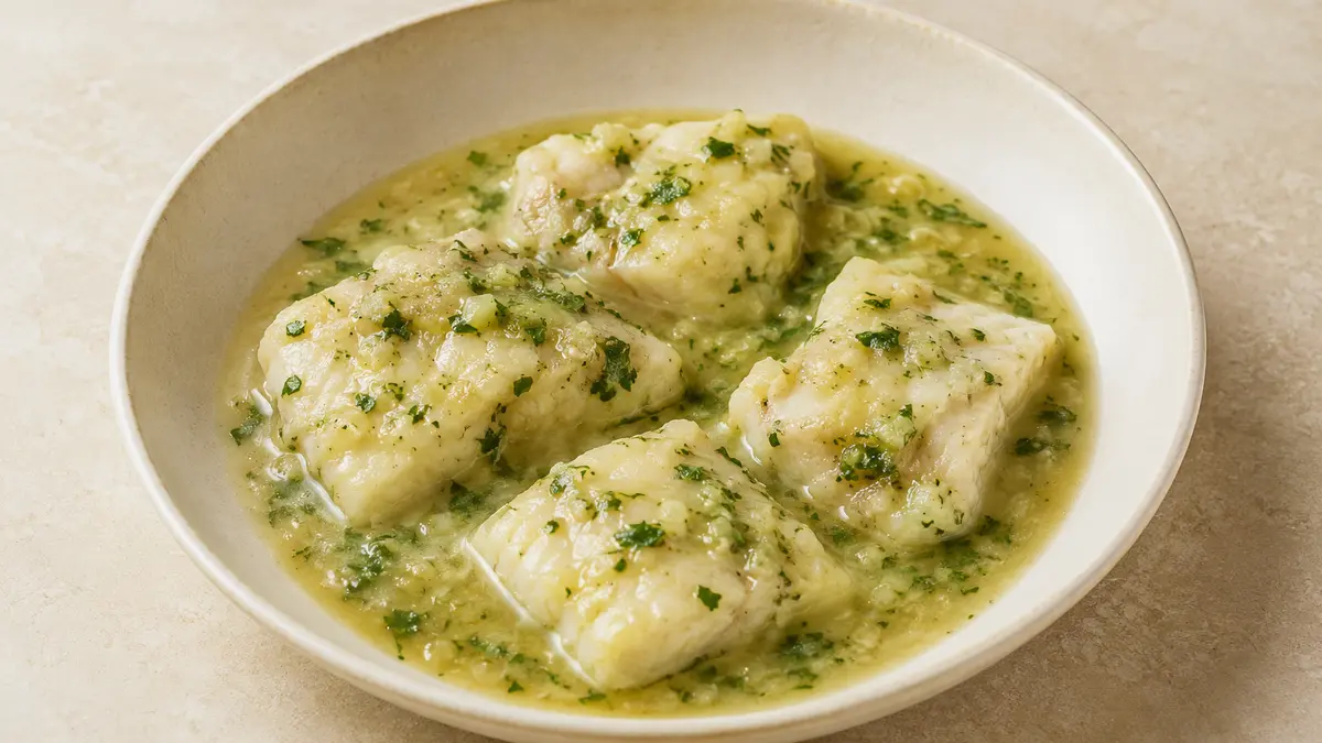 Fotografía ilustrativa de Merluza en salsa verde con guisantes