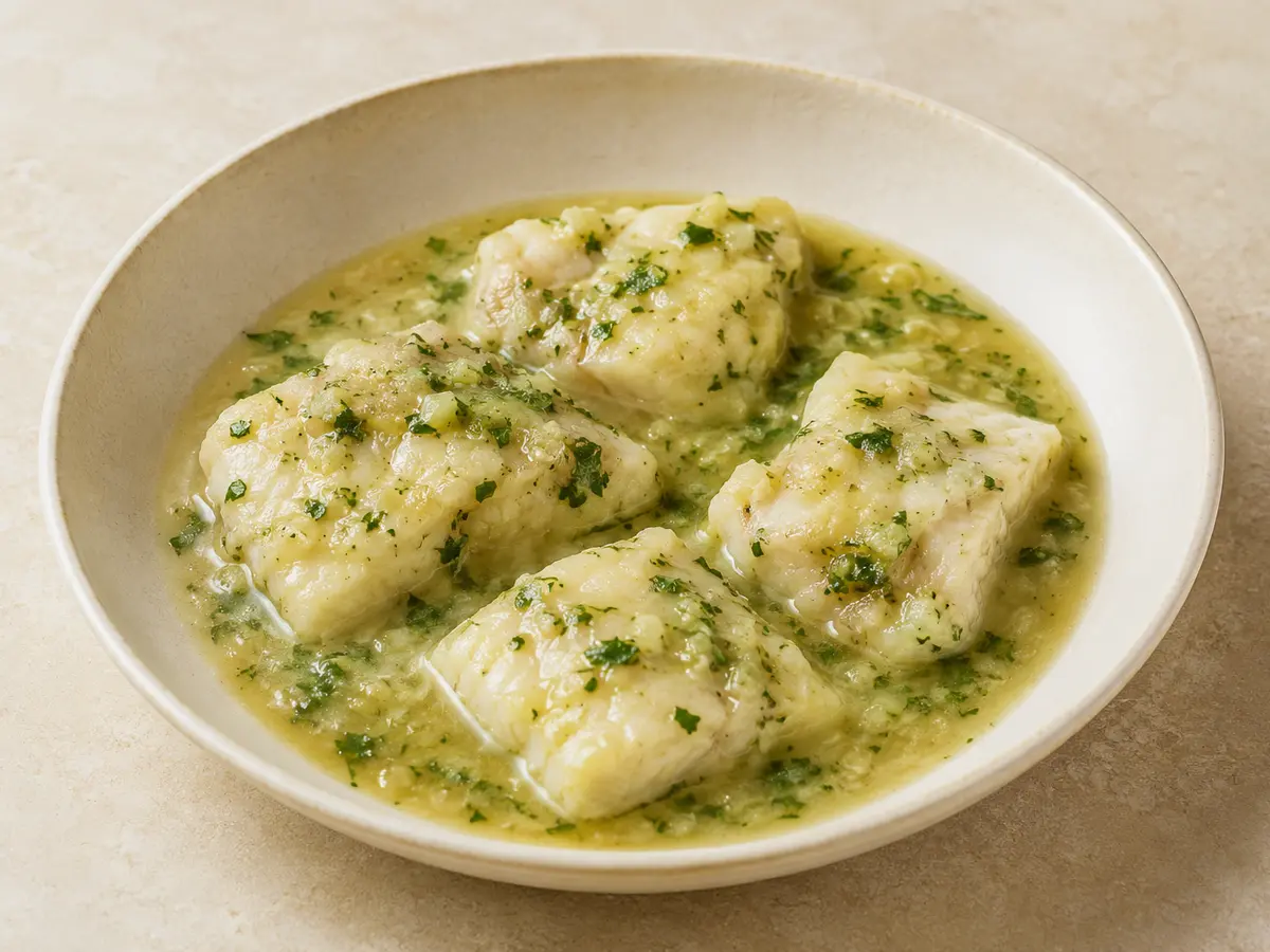 Imagen ilustrativa de la receta Merluza en salsa verde con guisantes